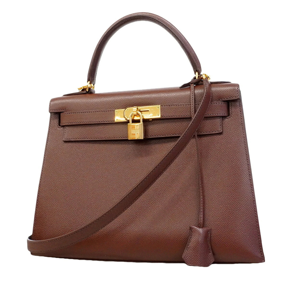 Hermes Kelly 28 handbag, Courchevel leather, Terre, □C stamp, 2-way bag for w...